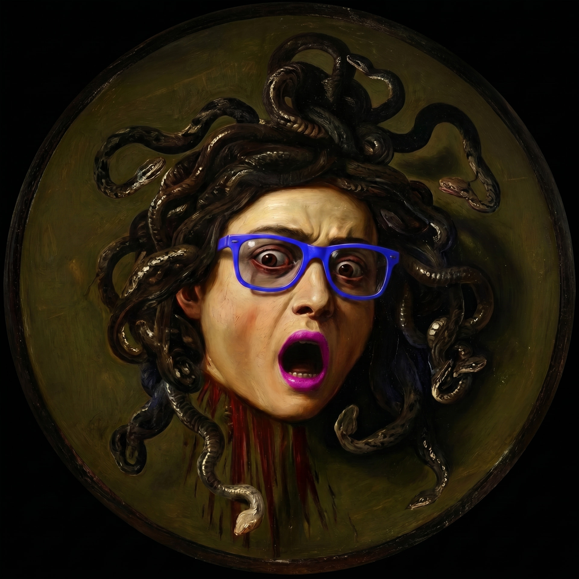Medusa repintada no espírito de Caravaggio sobre fundo preto, de óculos azul-elétrico e batom magenta, dentro de moldura oval